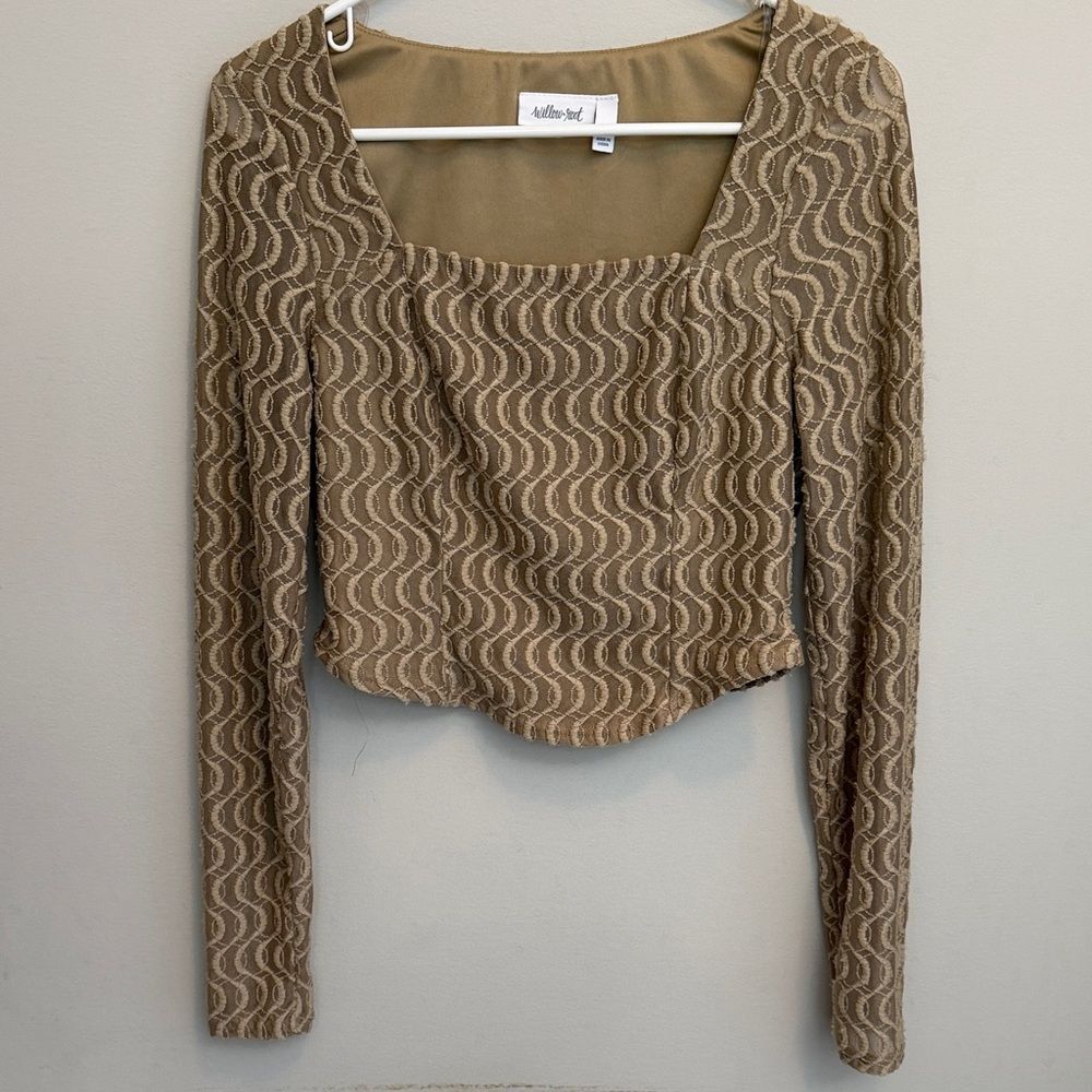 Willow Root Square Neck Crochet Long Sleeve Beige Crop Top. Size Large